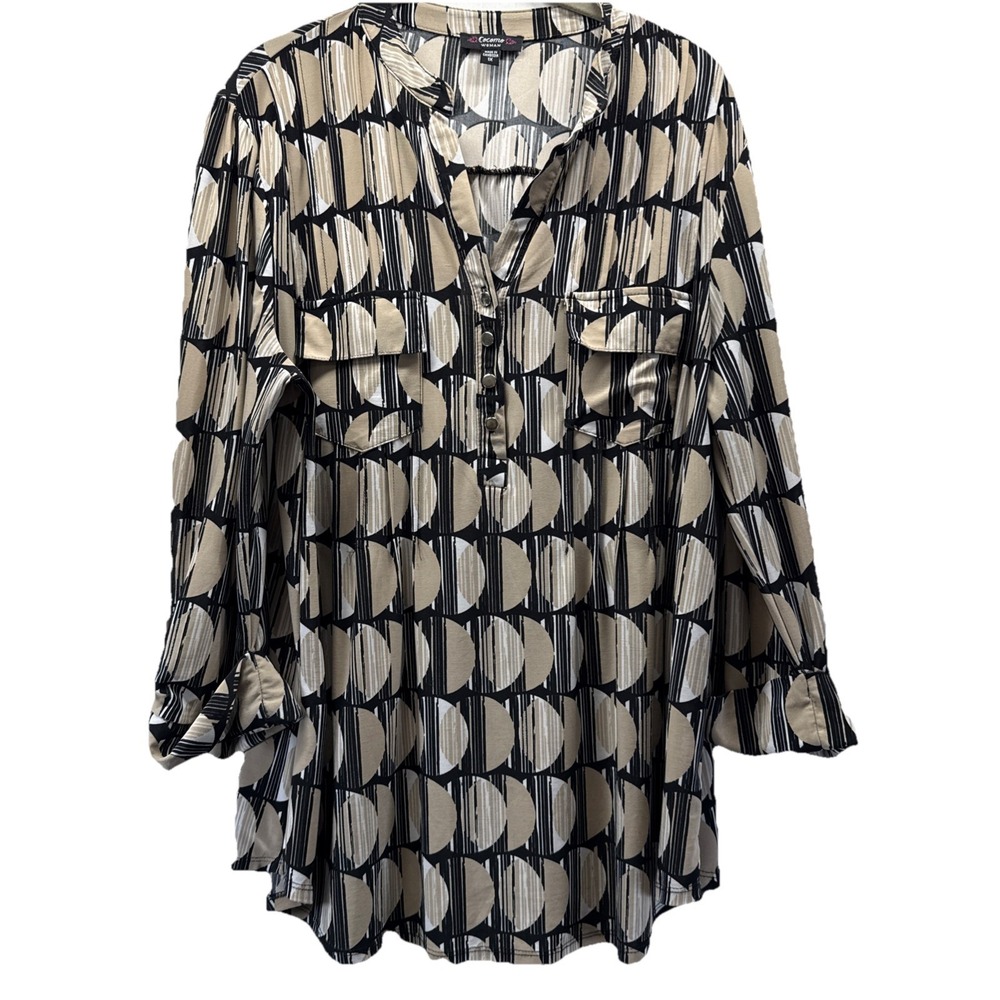Cocomo Women's Top Size 1X Plus Tan Black  3/4 Sleeves V Neck Pullover Stretch